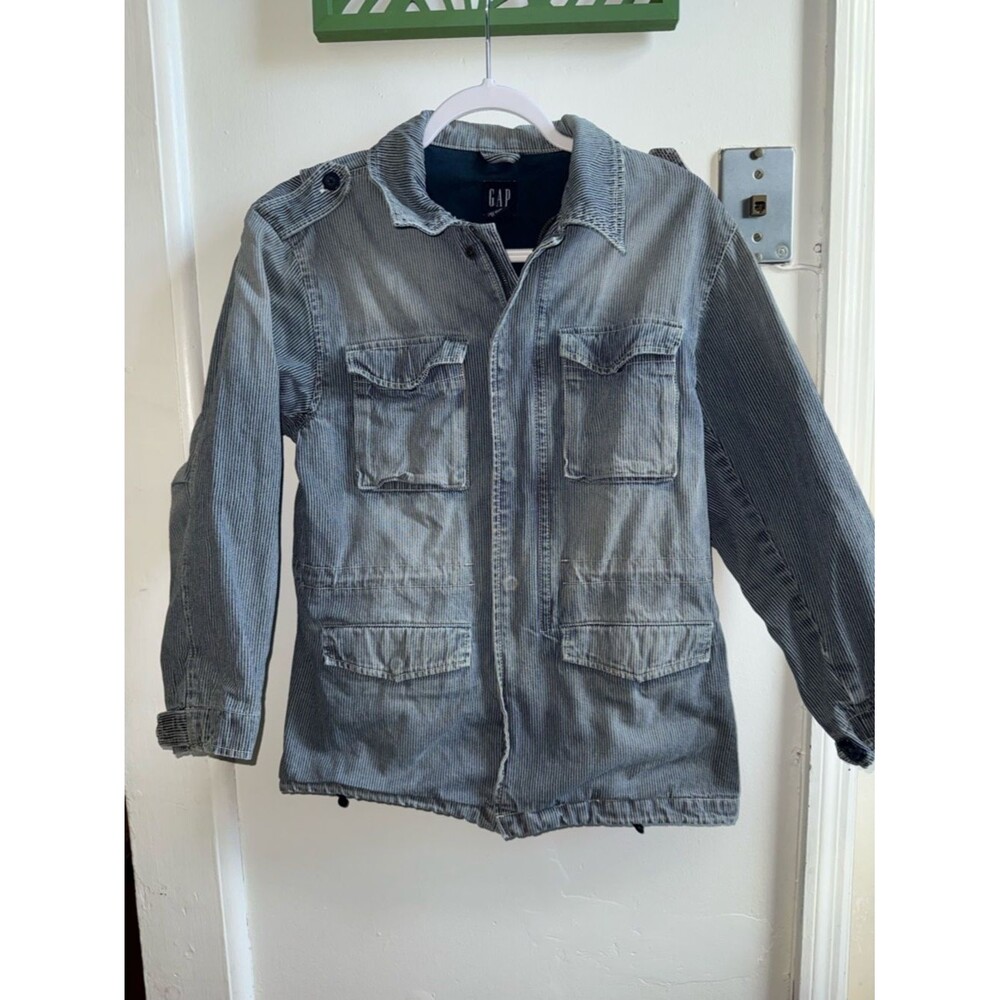 Gap Kids Hickory Stripe Denim Utility Field Jacket Blue White XL 12